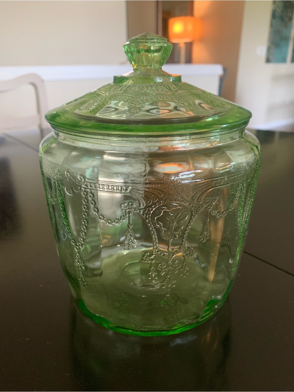 Uranium Glass Bisquit Jar. Cameo Ballerina. 1930”s. It glows. Anchor Hocking